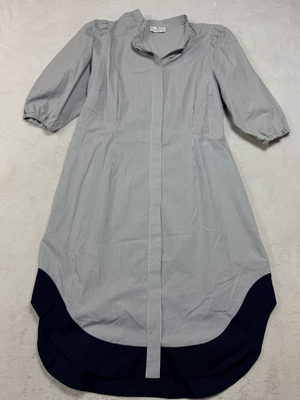 Chloe Kristyn Black White Gingham 100% Cotton Puff Sleeve Dress Navy Hem Medium